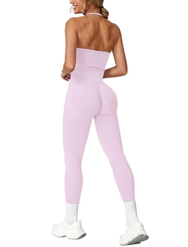 IMEKIS Sport Set Damen Zweiteiler Gym Outfit Neckholder V-Ausschnitt Sportbh + Hohe Taille Yogahose Sportanzug Fitness Workout Sportbekleidung Hellrosa XS von IMEKIS