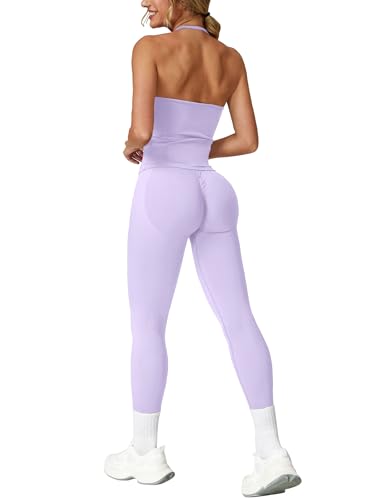 IMEKIS Sport Set Damen Zweiteiler Gym Outfit Neckholder V-Ausschnitt Sportbh + Hohe Taille Yogahose Sportanzug Fitness Workout Sportbekleidung Lila XS von IMEKIS