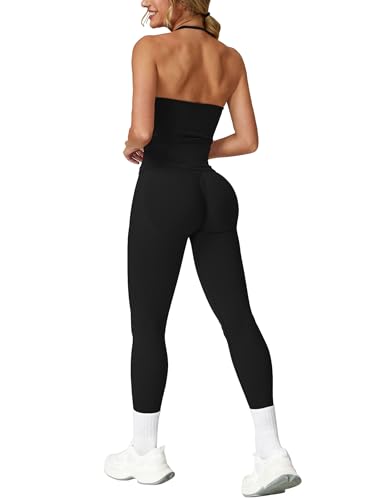 IMEKIS Sport Set Damen Zweiteiler Gym Outfit Neckholder V-Ausschnitt Sportbh + Hohe Taille Yogahose Sportanzug Fitness Workout Sportbekleidung Schwarz XS von IMEKIS