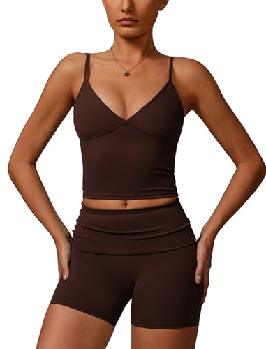 IMEKIS Sport Set für Damen Gym Outfit Gepolstert Yoga Crop Top und High Waist Shorts Zweiteiler Sportanzug Sommer Fitness Workout Bekleidung Kaffee M von IMEKIS