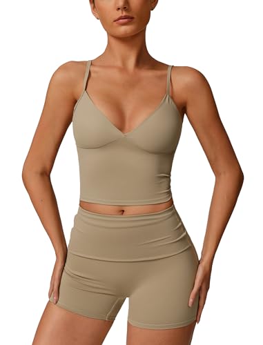 IMEKIS Sport Set für Damen Gym Outfit Gepolstert Yoga Crop Top und High Waist Shorts Zweiteiler Sportanzug Sommer Fitness Workout Bekleidung Khaki M von IMEKIS