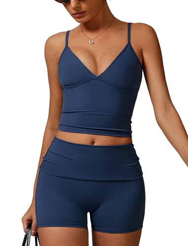 IMEKIS Sport Set für Damen Gym Outfit Gepolstert Yoga Crop Top und High Waist Shorts Zweiteiler Sportanzug Sommer Fitness Workout Bekleidung Marineblau M von IMEKIS