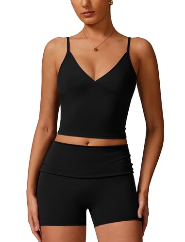 IMEKIS Sport Set für Damen Gym Outfit Gepolstert Yoga Crop Top und High Waist Shorts Zweiteiler Sportanzug Sommer Fitness Workout Bekleidung Schwarz S von IMEKIS