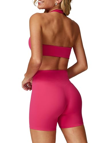 IMEKIS Sport Set für Damen Gym Outfit Neckholder Yoga BH und High Waist Shorts Zweiteiler Sportanzug Sommer Trainingsanzüge Fitness Workout Bekleidung Heiß Rosa M IMEKIS Sport Set für Damen Gym Outfit Neckholder Yoga BH und High Waist Shorts Zweiteiler Sportanzug Sommer Trainingsanzüge Fitness Workout Bekleidung Heiß Rosa M von IMEKIS
