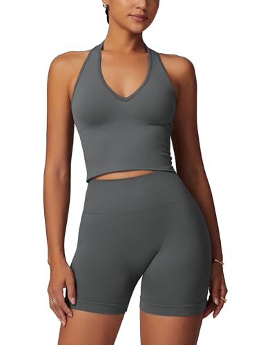 IMEKIS Sport Set für Damen Gym Outfit Neckholder Yoga Crop Top und Hohe Taille Shorts Zweiteiler Sportanzug Sommer Fitness Workout Bekleidung Grau L von IMEKIS