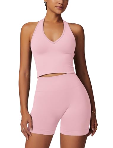 IMEKIS Sport Set für Damen Gym Outfit Neckholder Yoga Crop Top und Hohe Taille Shorts Zweiteiler Sportanzug Sommer Fitness Workout Bekleidung Rosa S von IMEKIS