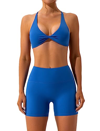 IMEKIS Sport Set für Damen Gym Outfit Twist vorne Kreuz Zurück Yoga BH und Hohe Taille Shorts Zweiteiler Sportanzug Sommer Fitness Workout Bekleidung Blau M von IMEKIS