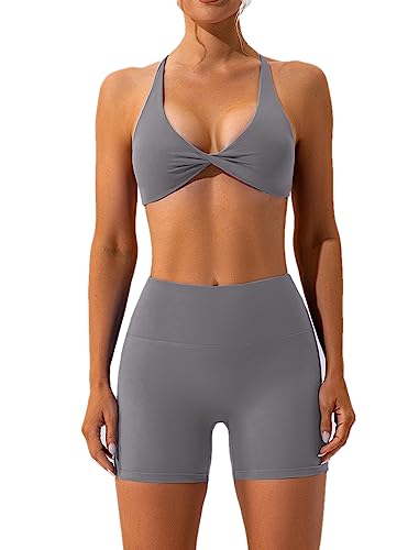 IMEKIS Sport Set für Damen Gym Outfit Twist vorne Kreuz Zurück Yoga BH und Hohe Taille Shorts Zweiteiler Sportanzug Sommer Fitness Workout Bekleidung Grau S von IMEKIS