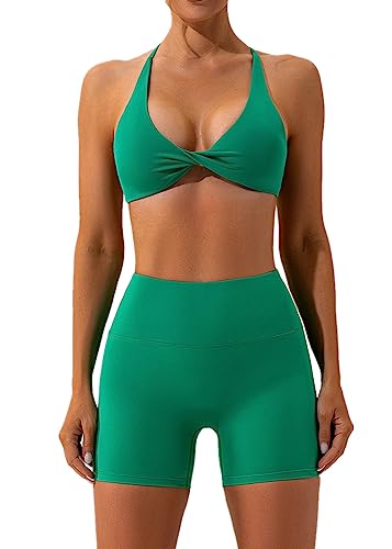 IMEKIS Sport Set für Damen Gym Outfit Twist vorne Kreuz Zurück Yoga BH und Hohe Taille Shorts Zweiteiler Sportanzug Sommer Fitness Workout Bekleidung Grün M von IMEKIS