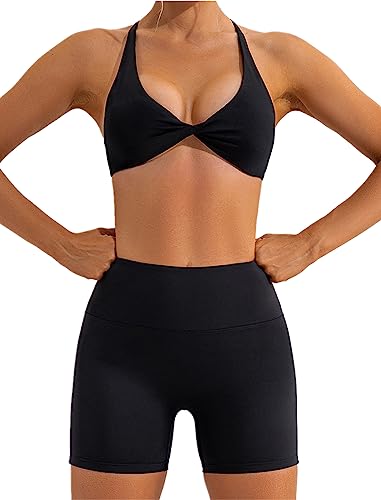 IMEKIS Sport Set für Damen Gym Outfit Twist vorne Kreuz Zurück Yoga BH und Hohe Taille Shorts Zweiteiler Sportanzug Sommer Fitness Workout Bekleidung Schwarz L von IMEKIS