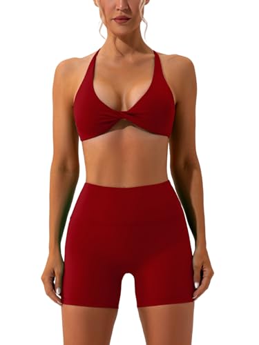 IMEKIS Sport Set für Damen Gym Outfit Twist vorne Kreuz Zurück Yoga BH und Hohe Taille Shorts Zweiteiler Sportanzug Sommer Fitness Workout Bekleidung Weinrot S von IMEKIS