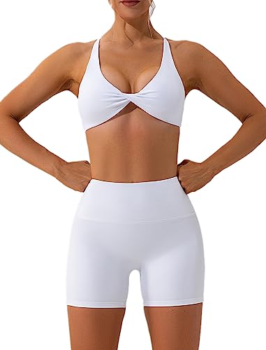 IMEKIS Sport Set für Damen Gym Outfit Twist vorne Kreuz Zurück Yoga BH und Hohe Taille Shorts Zweiteiler Sportanzug Sommer Fitness Workout Bekleidung Weiß S von IMEKIS