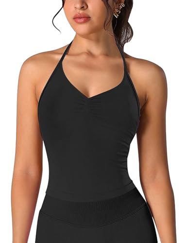 IMEKIS Sportbh Damen Neckholder Yoga Tank Top Gepolstert Ohne Bügel Gym Bra Gerafft Vorne Fitness Workout Oberteil Activewear für Pilates Lauf Joggen Schwarz M von IMEKIS