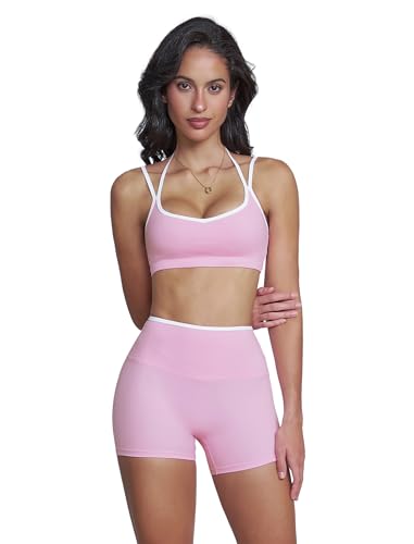 IMEKIS Sportset Damen Gym Outfit Kontrastfarbe Cross Back Sportbh mit Hohe Taille Shorts 2 Teilig Yoga Kleidung Kurz Sportanzug Fitness Workout Activewear Rosa S von IMEKIS