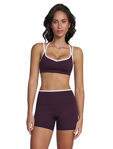 IMEKIS Sportset Damen Gym Outfit Kontrastfarbe Cross Back Sportbh mit Hohe Taille Shorts 2 Teilig Yoga Kleidung Kurz Sportanzug Fitness Workout Activewear Trauben Lila S von IMEKIS
