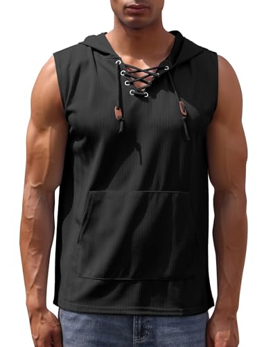 IMEKIS Tank Top Herren Hoodie Muskelshirt Ärmellose Schnürung Kapuzenpullover mit Tasche Männer Sommer Gym Workout Sportweste Schwarz L von IMEKIS