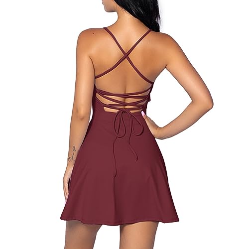 IMEKIS Tenniskleid Damen Rückenfreies Golfkleid mit Integriertem BH und Shorts mit Taschen Zweiteiler Tennise Outfit Sportkleid Tenniskleidung Activewear Weinrot XS von IMEKIS