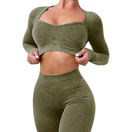 IMEKIS Trainings Outfit für Damen 2-teilig Sportbekleidung Gym Set Sport Crop Top mit Hoher Taille Laufshorts Leggings Nahtlos Gerippt Trainingsanzug Yoga Sportanzug Activewear Armeegrün 1 L von IMEKIS