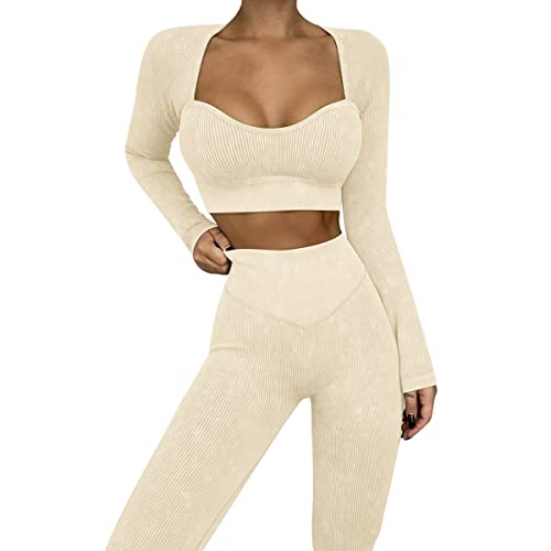 IMEKIS Trainings Outfit für Damen 2-teilig Sportbekleidung Gym Set Sport Crop Top mit Hoher Taille Laufshorts Leggings Nahtlos Gerippt Trainingsanzug Yoga Sportanzug Activewear Beige 1 L von IMEKIS