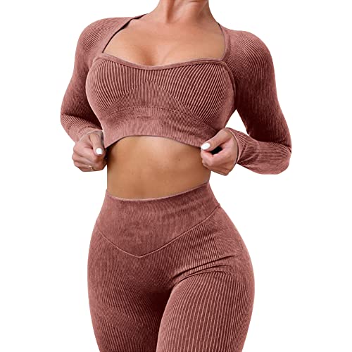 IMEKIS Trainings Outfit für Damen 2-teilig Sportbekleidung Gym Set Sport Crop Top mit Hoher Taille Laufshorts Leggings Nahtlos Gerippt Trainingsanzug Yoga Sportanzug Activewear Braun 1 L von IMEKIS