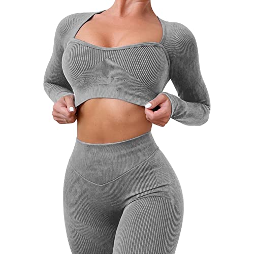 IMEKIS Trainings Outfit für Damen 2-teilig Sportbekleidung Gym Set Sport Crop Top mit Hoher Taille Laufshorts Leggings Nahtlos Gerippt Trainingsanzug Yoga Sportanzug Activewear Grau 1 L von IMEKIS