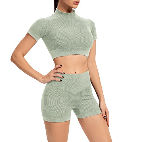 IMEKIS Trainings Outfit für Damen 2-teilig Sportbekleidung Gym Set Sport Crop Top mit Hoher Taille Laufshorts Leggings Nahtlos Gerippt Trainingsanzug Yoga Sportanzug Activewear Olivgrün S von IMEKIS