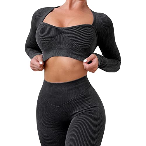 IMEKIS Trainings Outfit für Damen 2-teilig Sportbekleidung Gym Set Sport Crop Top mit Hoher Taille Laufshorts Leggings Nahtlos Gerippt Trainingsanzug Yoga Sportanzug Activewear Schwarz 1 XL von IMEKIS