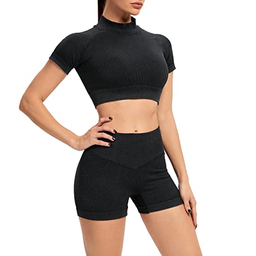 IMEKIS Trainings Outfit für Damen 2-teilig Sportbekleidung Gym Set Sport Crop Top mit Hoher Taille Laufshorts Leggings Nahtlos Gerippt Trainingsanzug Yoga Sportanzug Activewear Schwarz S von IMEKIS