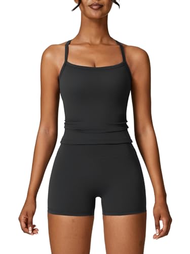 IMEKIS Trainingsanzüge Damen Zweiteiler Yoga Sets Strappy Ohne Bügel Gepolstert Sport BH Top und Hohe Taille Shorts Fitness Workout Outfit Kurz Gym Sportanzug Schwarz XS von IMEKIS