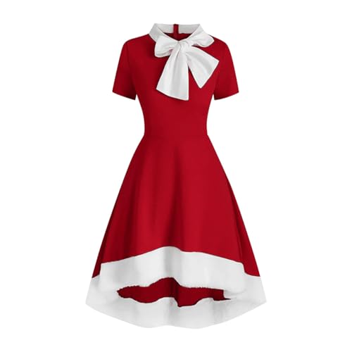 IMEKIS Weihnachtskleid für Damen Weihnachtsmann Kostüm Langarm Off Schulter Hi-Lo Kleid Pelziges Herbst Winter Weihnachten Flare Kleid Elgeant Festlich Partykleid Rot-Bow XXL von IMEKIS