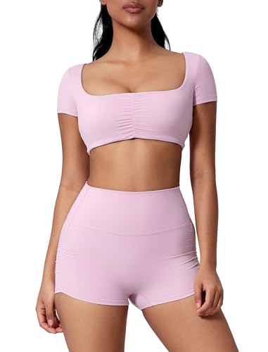 IMEKIS Zweiteiler Gym Set Damen Yoga Outfit Kurzarm Gerafft Sport Crop Top und Hohe Taille Shorts Sportset Sommer Sportanzug Fitness Workout Kleidung Rosa M von IMEKIS