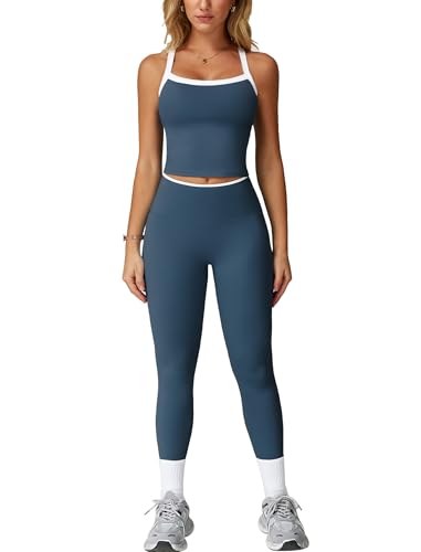 IMEKIS Zweiteiler Gym Set Damen Yoga Outfit Strappy Zurück Sport Top und High Taille Leggings Sportset Fitness Kleidung Sportanzug Workout Activewear Dunkelblau M von IMEKIS