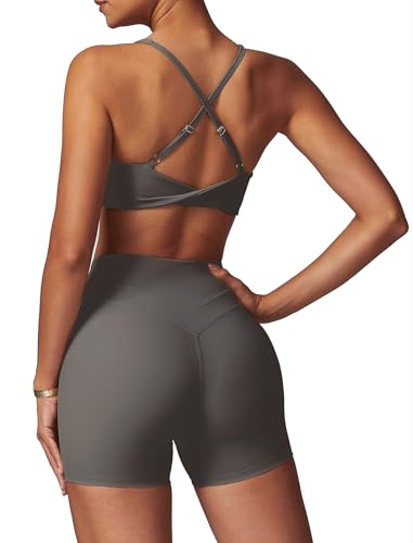 IMEKIS Zweiteiler Gym Set Damen Yoga Outfit Twist Zurück BH und Hohe Taille Shorts Sportset Sommer Fitness Kleidung Sportanzug Workout Activewear Dunkelgrau S von IMEKIS