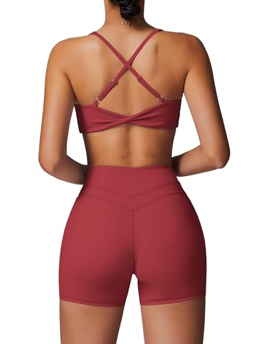 IMEKIS Zweiteiler Gym Set Damen Yoga Outfit Twist Zurück BH und Hohe Taille Shorts Sportset Sommer Fitness Kleidung Sportanzug Workout Activewear Rot M von IMEKIS