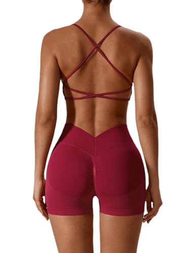 IMEKIS Zweiteiler Sport Set Damen Gym Yoga Outfit Crossback Sportbh und Hohe Taille Shorts Sportanzug Sommer Fitness Kleidung Kurz Workout Activewear Weinrot S von IMEKIS