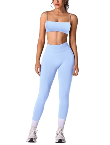 IMEKIS Zweiteiler Sport Set Damen Gym Yoga Outfit Sportbh und Hohe Taille Leggings Hose Jogging Fitness Bekleidung Sportanzug Workout Activewear Hellblau M von IMEKIS
