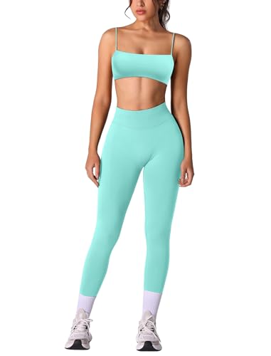 IMEKIS Zweiteiler Sport Set Damen Gym Yoga Outfit Sportbh und Hohe Taille Leggings Hose Jogging Fitness Bekleidung Sportanzug Workout Activewear Hellgrün S von IMEKIS