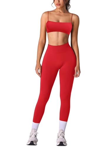 IMEKIS Zweiteiler Sport Set Damen Gym Yoga Outfit Sportbh und Hohe Taille Leggings Hose Jogging Fitness Bekleidung Sportanzug Workout Activewear Rot XL von IMEKIS