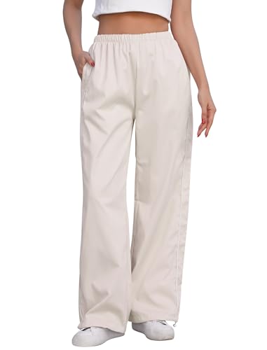 Jogginghose Damen Sweatpants Elastische High Waist Sporthose Punk Hip Hop Tanzhose Freizeit Hose mit Kordelzug Verjüngte Beine und Taschen Beige S von IMEKIS