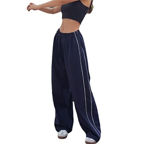 Jogginghose Damen Sweatpants Elastische High Waist Sporthose Punk Hip Hop Tanzhose Freizeit Hose mit Kordelzug Verj�ngte Beine und Taschen Marineblau L von IMEKIS