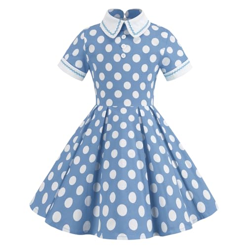 Kind Mädchen 1950er Rockabilly Kleid Kurzarm Turn-Down Kragen Polka Dot Kirsche Swing Kleid Elegante Vintage Audrey Hepburn Geburtstags Partykleid Hellblau 5-6 Jahre von IMEKIS