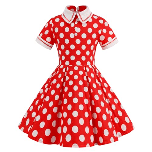Kind Mädchen 1950er Rockabilly Kleid Kurzarm Turn-Down Kragen Polka Dot Kirsche Swing Kleid Elegante Vintage Audrey Hepburn Geburtstags Partykleid Rot 9-10 Jahre von IMEKIS