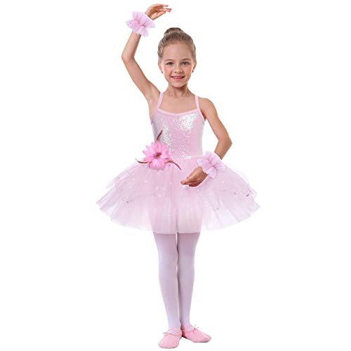 Kind Mädchen Ballettkleid Ärmelloses Pailletten Ballettanzug Ballettbody Tutu Glänzend Tüll Rock Fee Ballettkleidung Ballerina Tanzkleidung Ballett Kostüm Sport Outfit Rosa 5-6 Jahre von IMEKIS