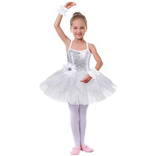 Kind Mädchen Ballettkleid Ärmelloses Pailletten Ballettanzug Ballettbody Tutu Glänzend Tüll Rock Fee Ballettkleidung Ballerina Tanzkleidung Ballett Kostüm Sport Outfit Weiß 11-12 Jahre von IMEKIS