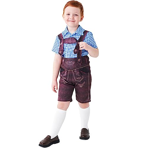 Kinder Jungen Bayerisches Oktoberfest Kostüm Deutsches Bier Festlich Anzug Halloween Karneval Verkleiden Kurzarm Kariertes Hemd Hosenträger Lederhose Socken 3tlg Trachtenkleidung Set Blau 10-12 Jahre von IMEKIS