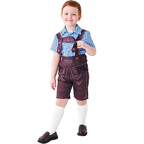 Kinder Jungen Bayerisches Oktoberfest Kostüm Deutsches Bier Festlich Anzug Halloween Karneval Verkleiden Kurzarm Kariertes Hemd Hosenträger Lederhose Socken 3tlg Trachtenkleidung Set Blau 8-10 Jahre von IMEKIS