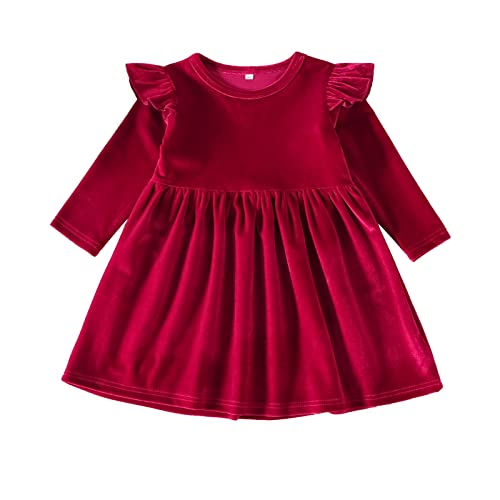 Kinder Kleinkind Baby Mädchen Weihnachten Kleid Prinzessin A Linie Rüsche Langarm Samt Herbst Winter Partykleid Einfarbig Geburtstag Urlaub Festzug Ballkleid Dunkelrot 2-3 Jahre von IMEKIS