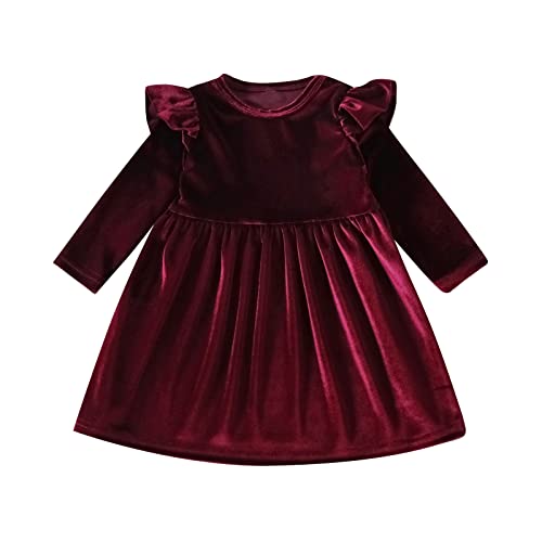 Kinder Kleinkind Baby Mädchen Weihnachten Kleid Prinzessin A Linie Rüsche Langarm Samt Herbst Winter Partykleid Einfarbig Geburtstag Urlaub Festzug Ballkleid Weinrot 12-18 Monate von IMEKIS