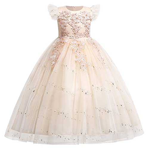 IMEKIS Mädchen Prinzessin Kleid Blumen Applikationen Hochzeits Festkleid A-Linie Pailletten Festlich Tüll Tutu Geburtstag Festzug Lang Abschlussball Ballkleid Champagner 6-7 Jahre von IMEKIS