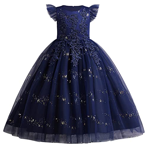 Kinder Mädchen Prinzessin Kleid Blumen Applikationen Hochzeits Festkleid A-Linie Pailletten Festlich Tüll Tutu Geburtstag Festzug Lang Abschlussball Ballkleid Marineblau 9-10 Jahre von IMEKIS